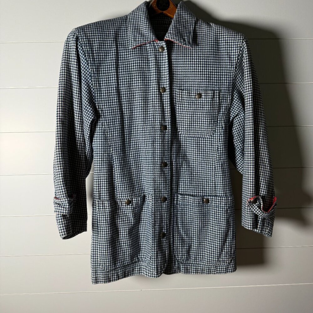 Perry Ellis Navy Houndstooth with Red Trim 100% Cotton Jacket Size Small